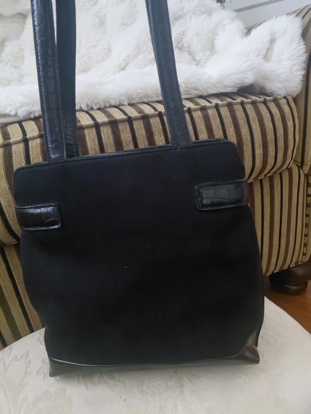 Vintage Nine West Black Suede Tote Bag with Leather Trim